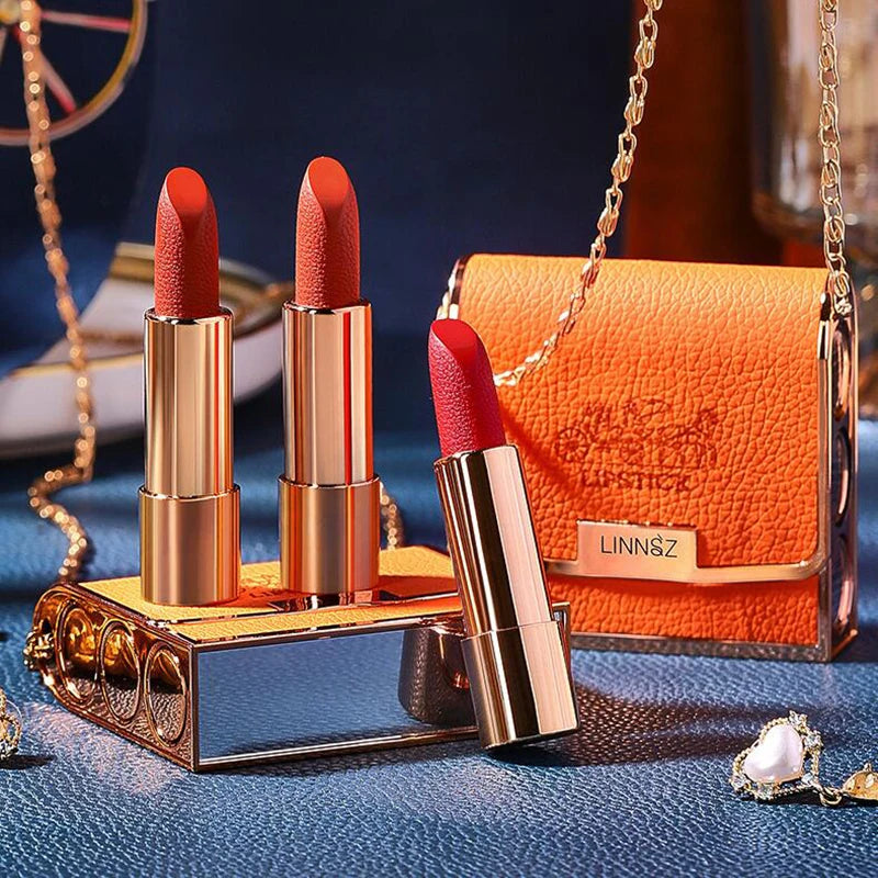Velvet Matte Lipstick 3 color Non stick Cup Long Lasting Leather Bag Lip Balm Gift Case