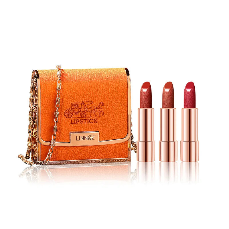 Velvet Matte Lipstick 3 color Non stick Cup Long Lasting Leather Bag Lip Balm Gift Case